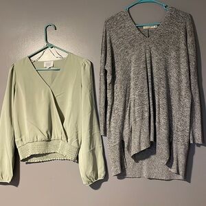 Women’s business, casual blouses. Green is a Medium, Gray is a XS.